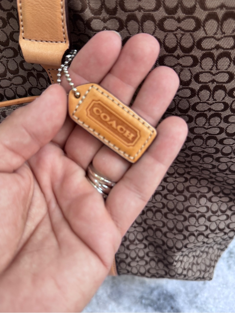 Coach Brown Signature weekend Tote with Tan Trim and Leather Straps - Picture 3 of 7